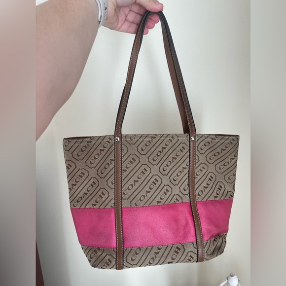 Coach Lozenge Brown Canvas Leather Trim Stripe Zipper Closure Tote Bag - Picture 1 of 5